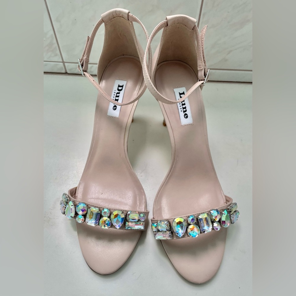 Dune London Harla leather rhinestone blush sandals heel jewel embellishments 8